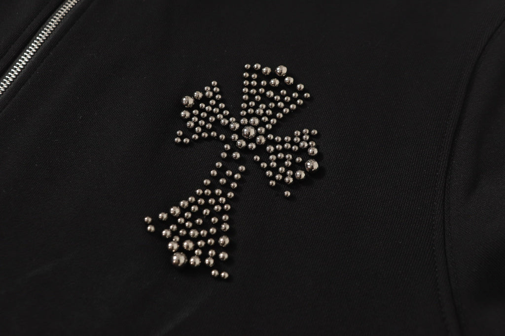 Rhinestone Cross Hoodie - Black Gothic Streetwear Sweatshirt 2633