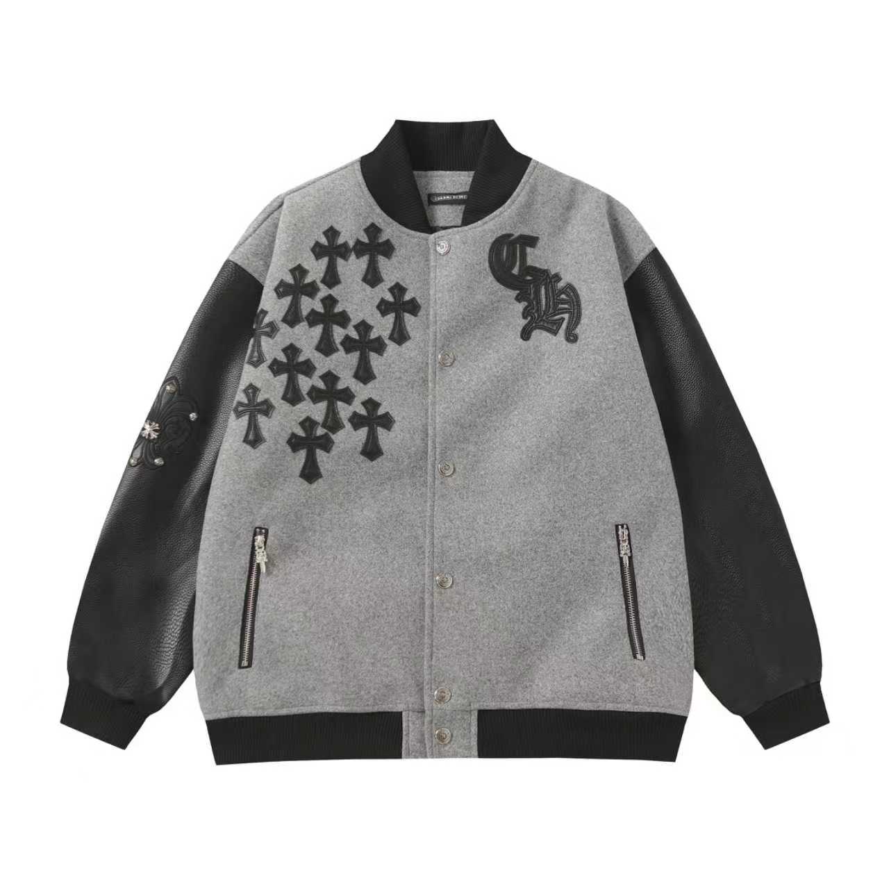 Multi Cross Varsity Jacket - Grey Black Street Jacket 2215